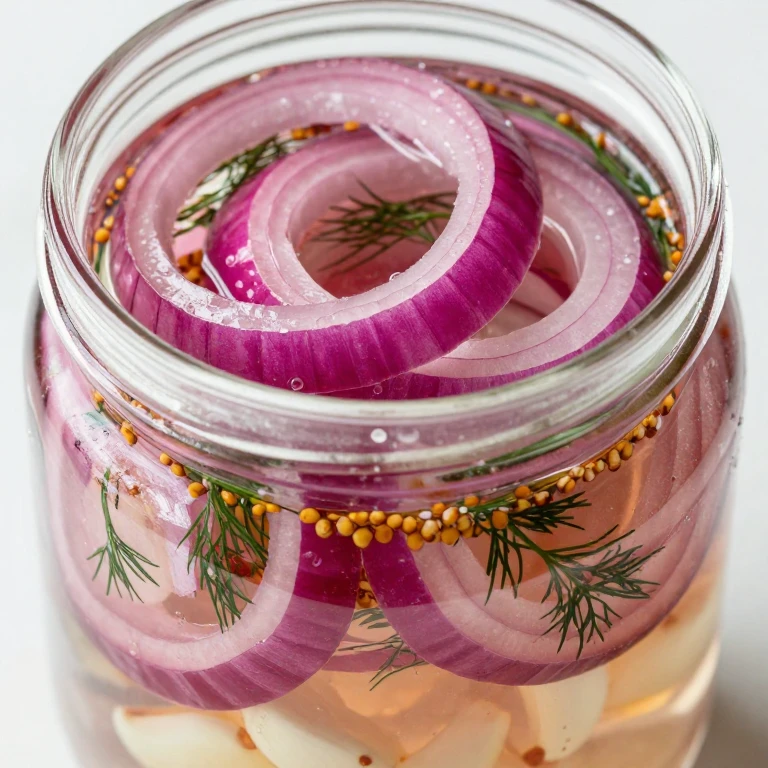 Glass jar of deep magenta pickled red onion rings with fresh dill and mustard seeds