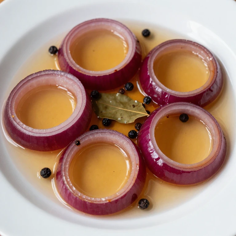 Burgundy pickled onion rings with peppercorns and bay leaf in amber brine for cheese boards