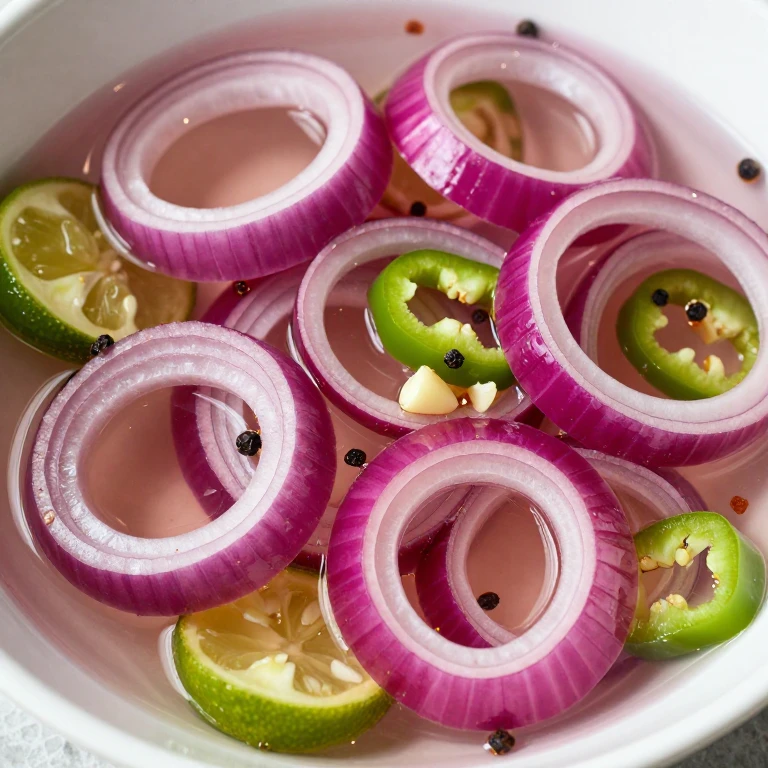 Magenta pickled onions with habanero pepper slices in clear lime brine