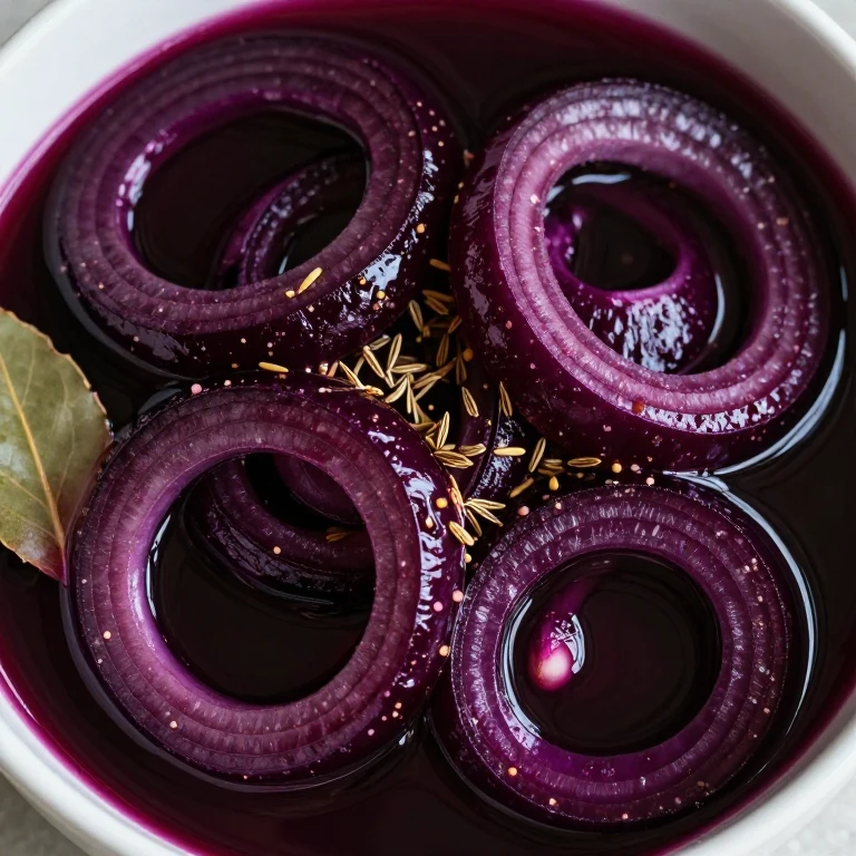 Deep purple pickled onions with horseradish and caraway seeds in dark burgundy brine