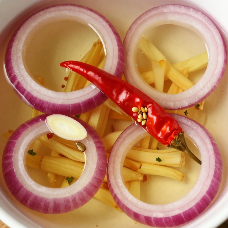 Magenta pickled onions with visible ginger matchsticks and Thai chilis in golden brine