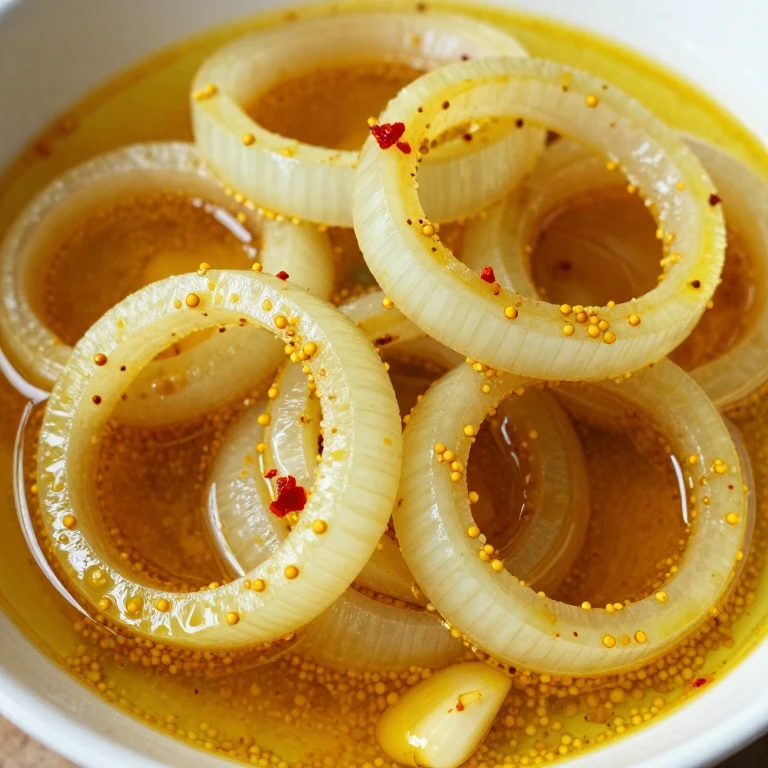Golden-hued pickled yellow onion rings with mustard seeds and turmeric in glass jar
