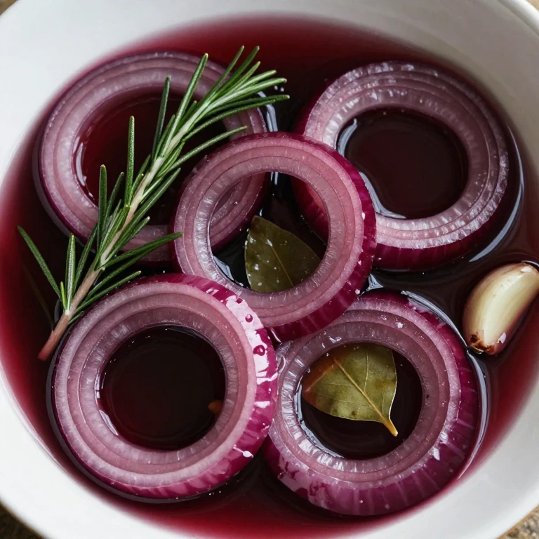 Deep burgundy pickled onions with fresh rosemary sprigs in rich wine-colored brine