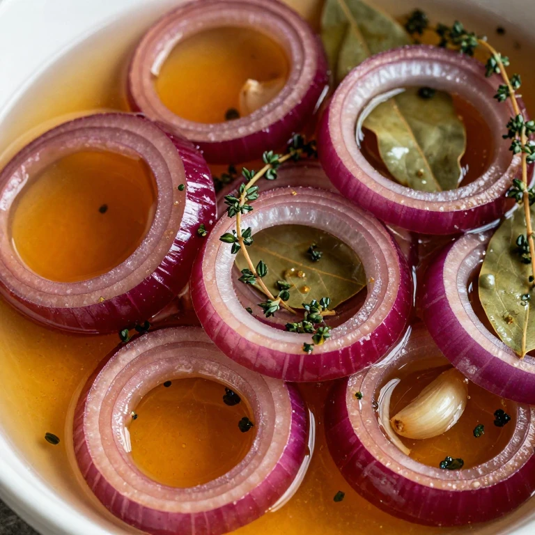 Burgundy pickled onions with fresh thyme sprigs in warm amber apple cider brine