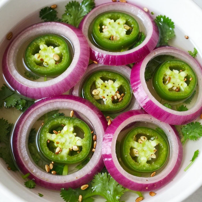 Magenta pickled onions with jalapeños and fresh cilantro in bright lime brine
