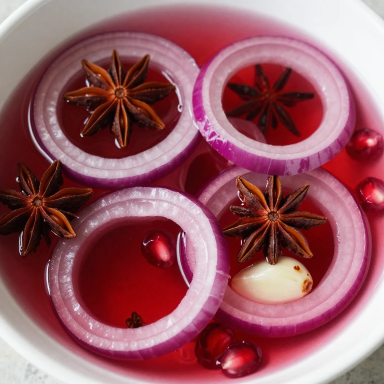 Ruby-red pickled onions with star anise and cloves in deep pomegranate-colored brine