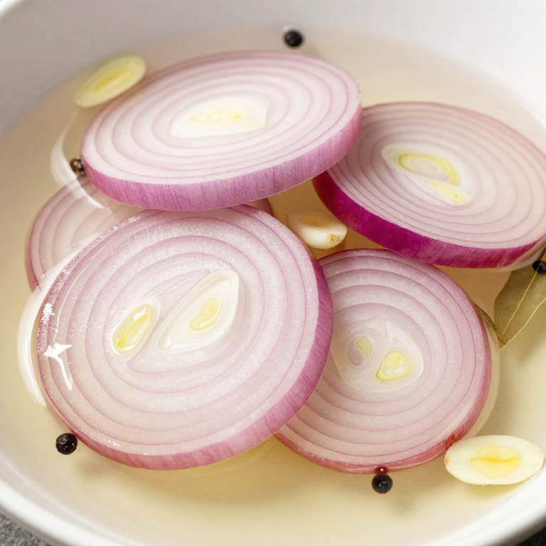 Pink and magenta pickled onion and shallot rings with peppercorns in champagne vinegar brine