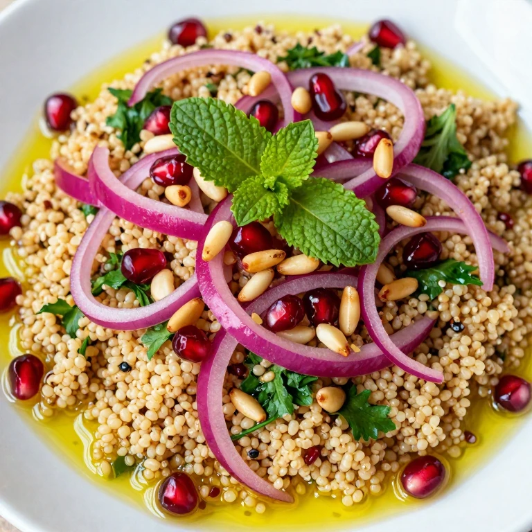 colorful quinoa tabbouleh with pomegranate seeds and fresh herbs