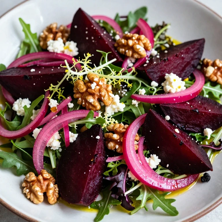 roasted beet salad with pickled onions, goat cheese, and walnuts