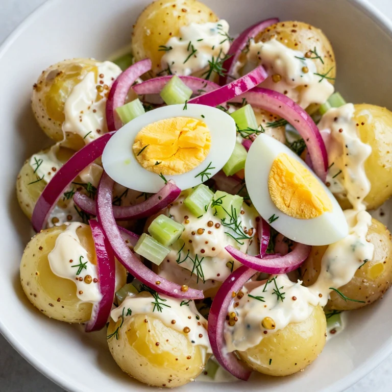 creamy potato salad with pickled onions, eggs, and fresh dill