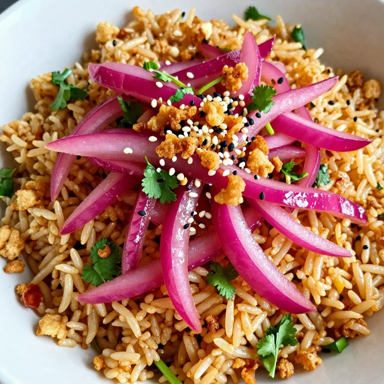 ginger-scallion pickled onions topping fried rice with crispy shallots