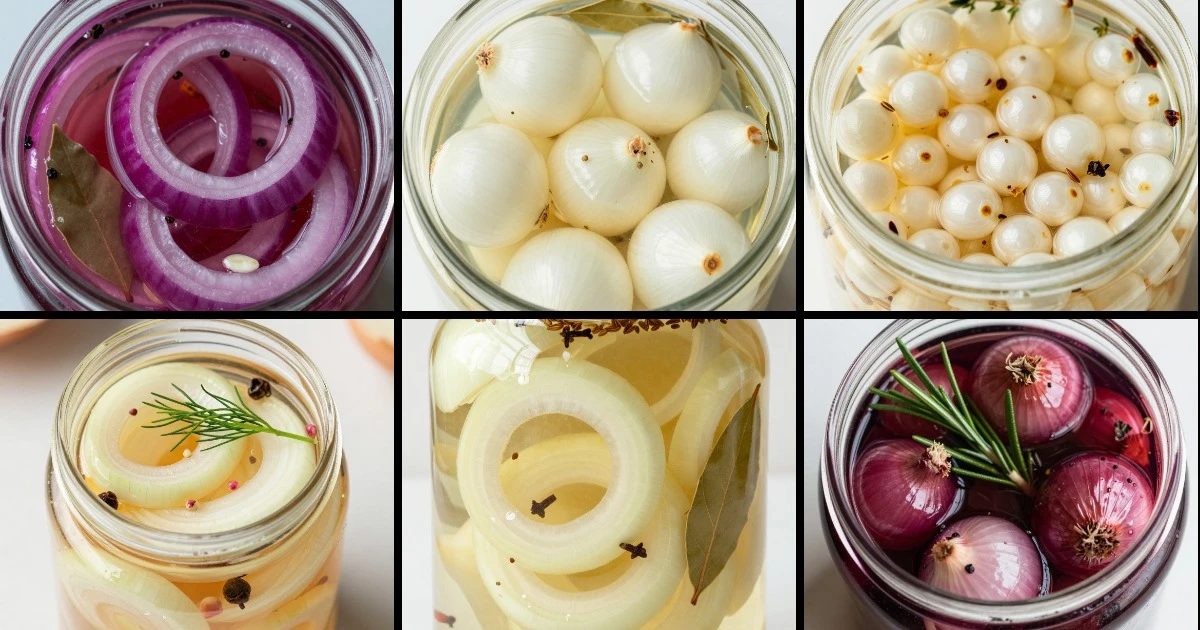 Collage of six pickled onion varieties in glass jars with different spices, herbs, and brines.