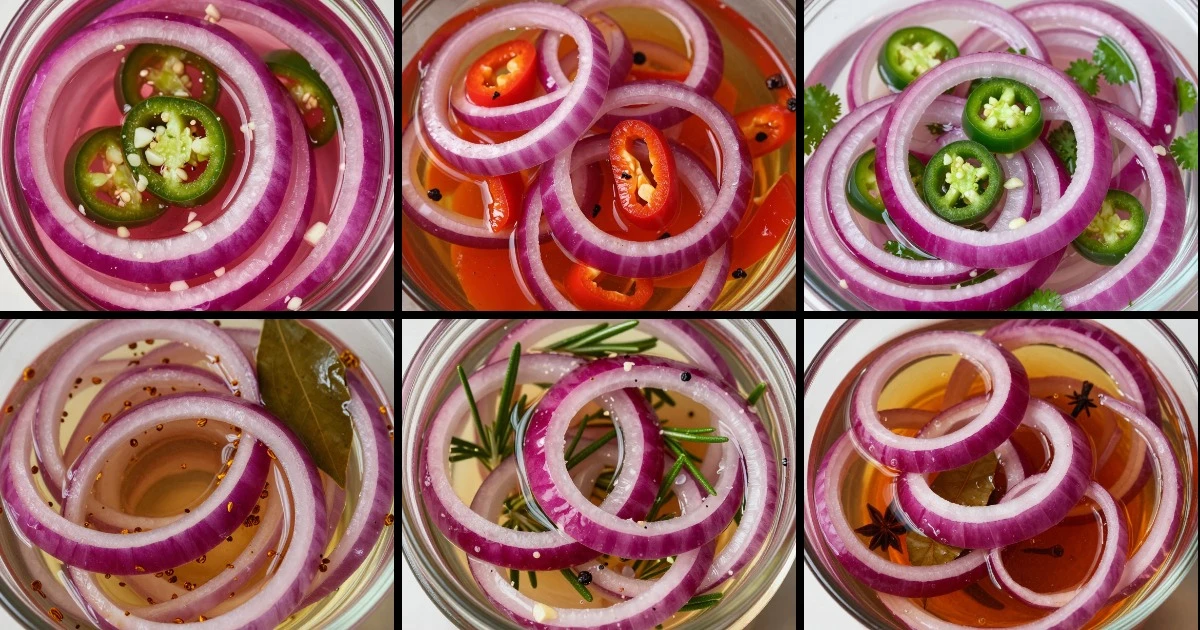 Collage of six pickled red onion recipes with varying spices, peppers, and brines for taco toppings.