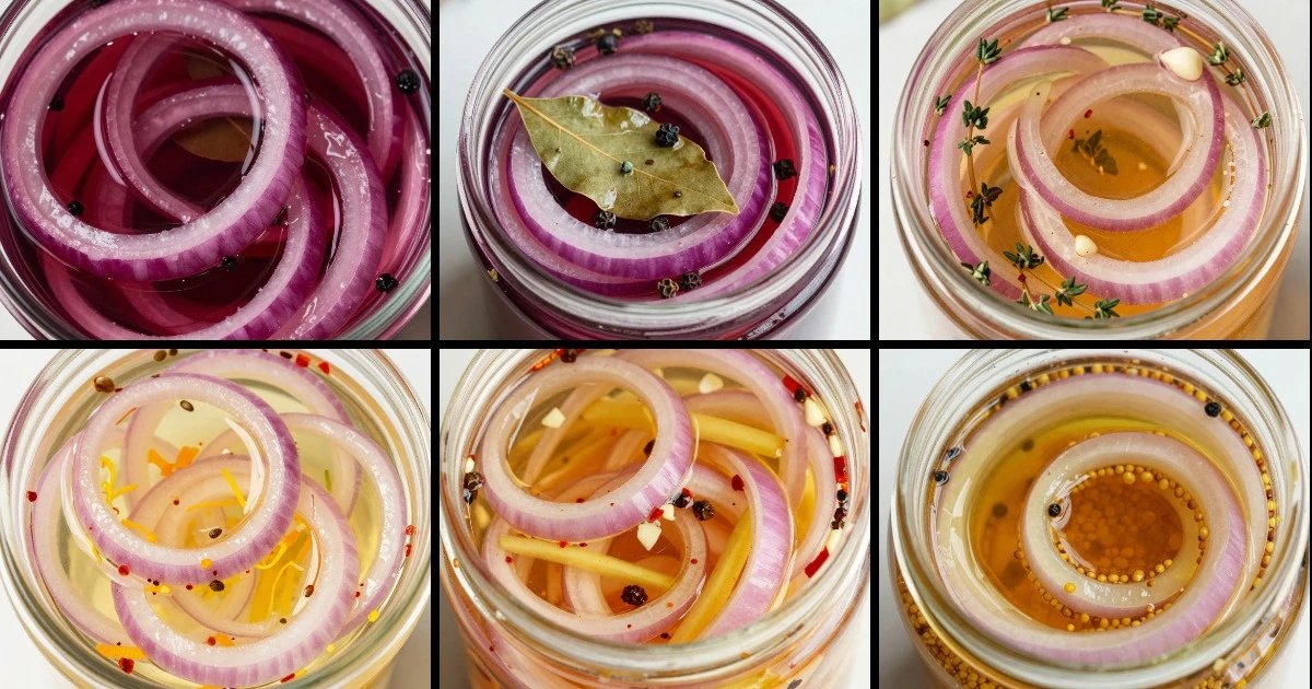 Collage of six refrigerator pickled red onion recipes showing varied vinegars, spices, herbs, and garnishes in glass jars.