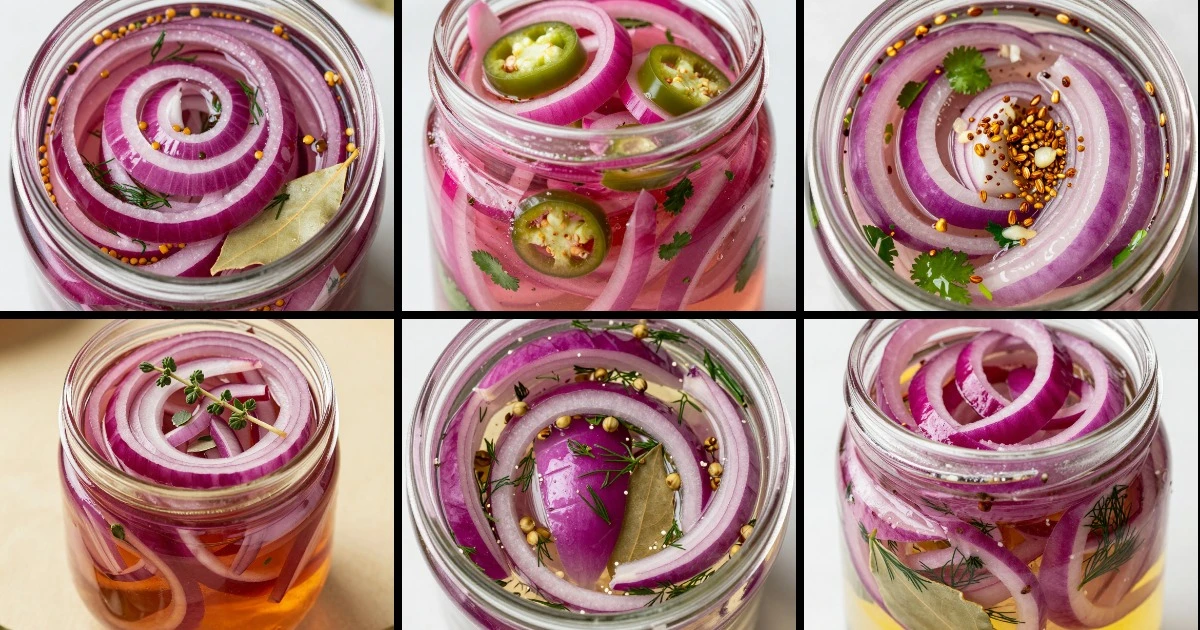 Collage of six pickled red onion recipes featuring varied herbs, spices, and brines in glass jars.