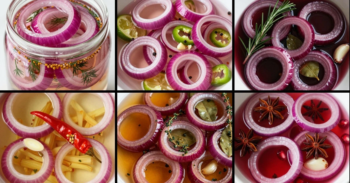 Collage of six pickled onion preparations showing varied colors, spices, herbs, and brines for garnish applications.