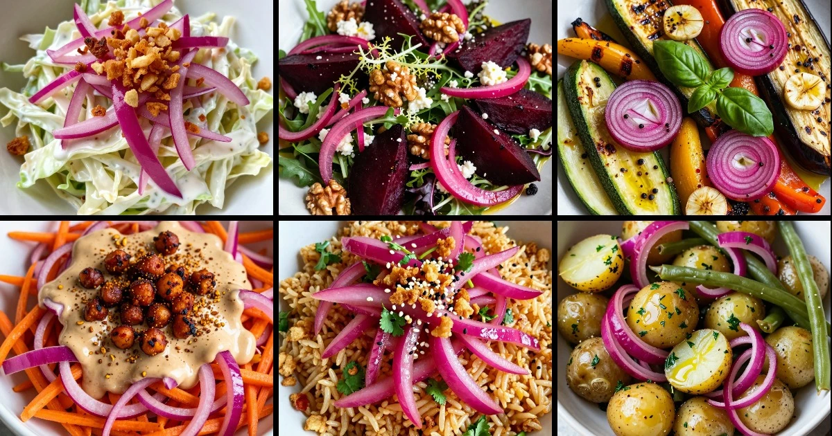 Collage of six pickled onion side dish recipes including slaws, salads, and rice dishes with various vegetables and proteins.