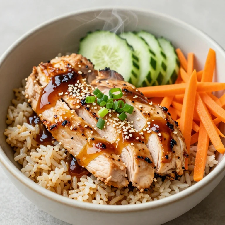 Miso-ginger chicken bowl with rice, vegetables, and sesame seeds