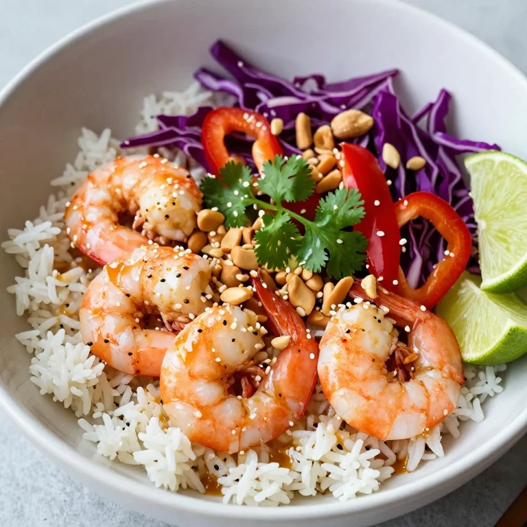 Sesame-lime shrimp bowl with jasmine rice, purple cabbage, and peanuts