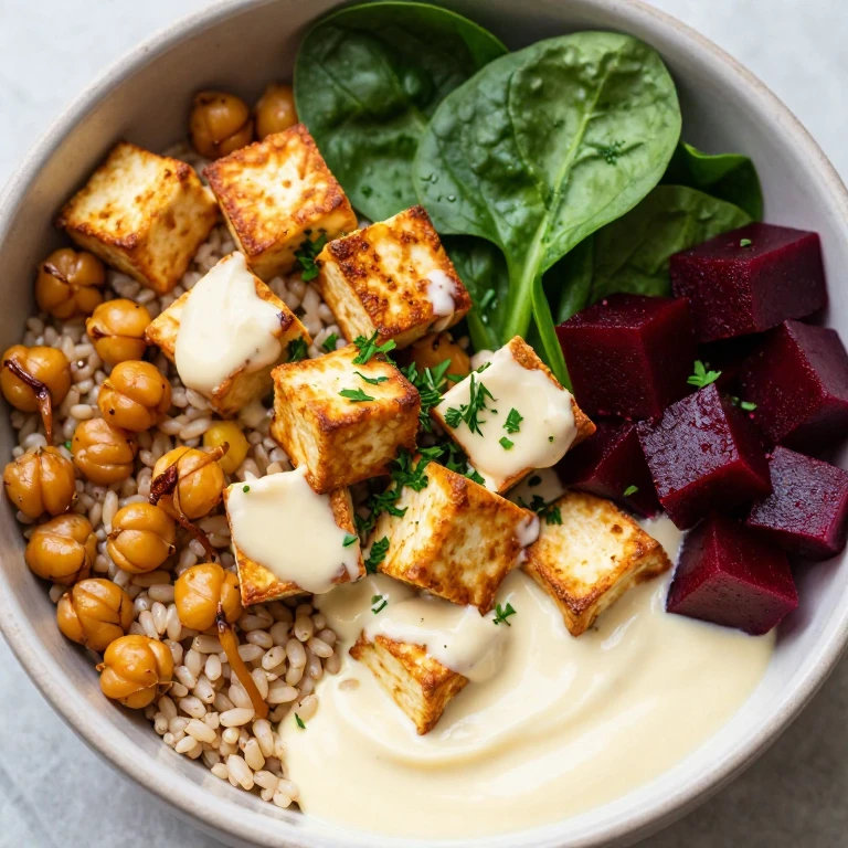 Lemon-tahini tofu bowl with roasted chickpeas, spinach, and beets