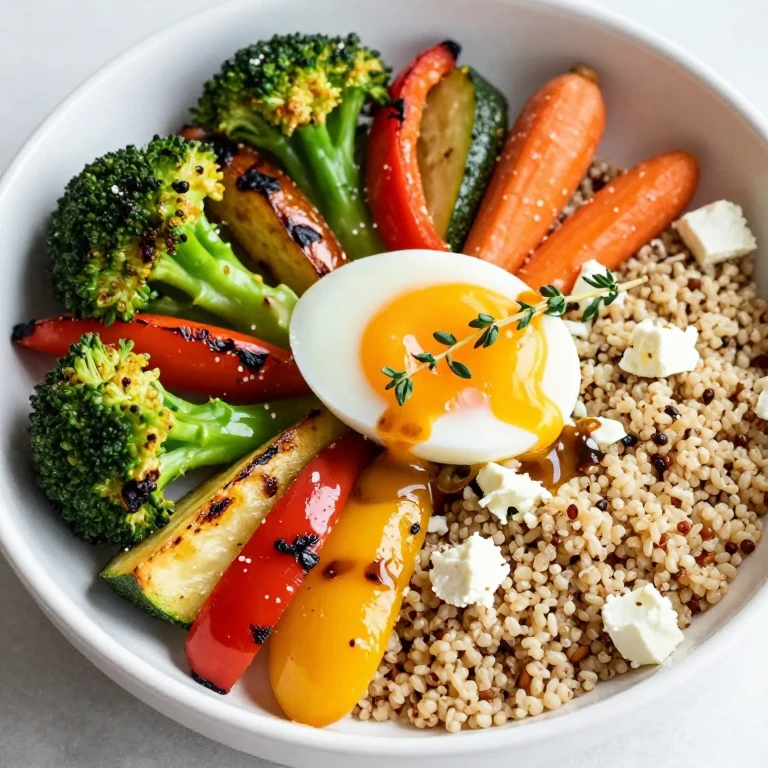 Rainbow roasted vegetable bowl with soft-boiled egg and feta cheese