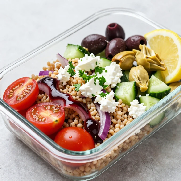 Mediterranean grain bowl with marinated vegetables, olives, and feta cheese