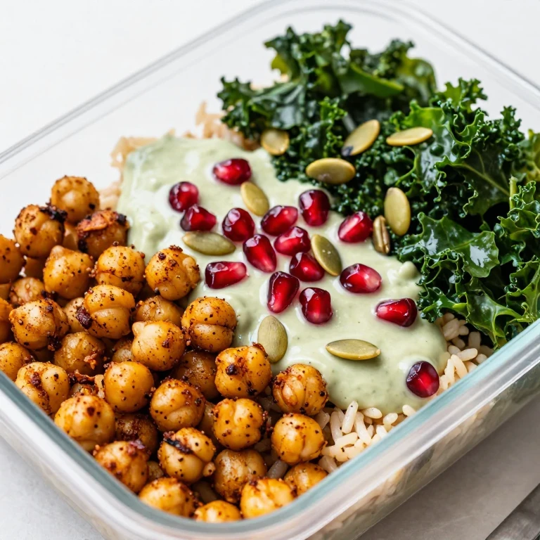 Spiced chickpea and kale bowl with tahini dressing and pomegranate seeds