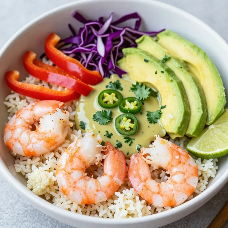 Cauliflower rice shrimp bowl with avocado and cilantro-lime dressing