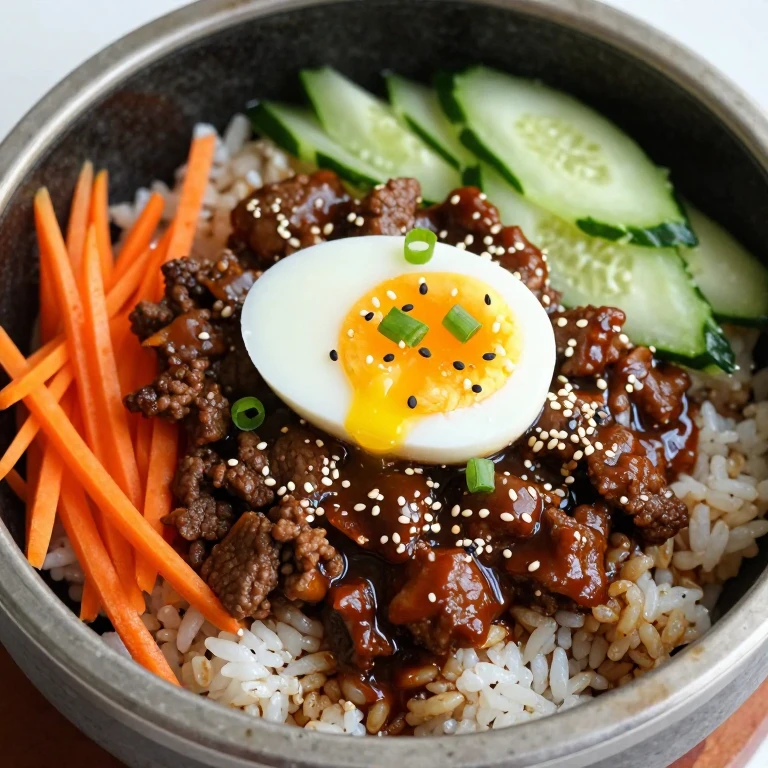 Korean-inspired beef and vegetable bowl with soft-boiled egg and sesame