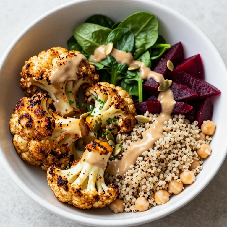 Quinoa power bowl with roasted cauliflower, chickpeas, and tahini dressing