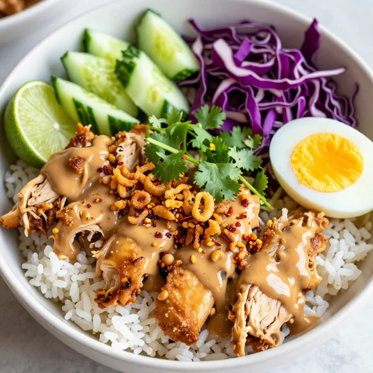 Rotisserie chicken satay bowl with peanut sauce, egg, and purple cabbage