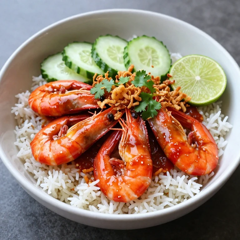 Sambal shrimp rice bowl with crispy shallots, cucumber, and lime
