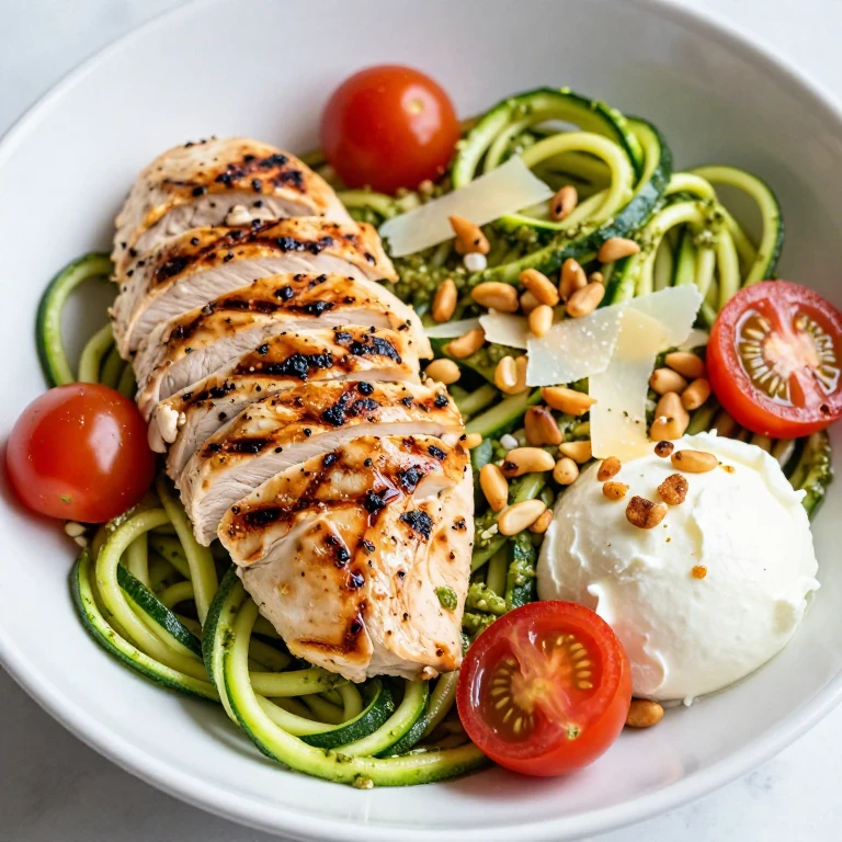 Zucchini noodle and grilled chicken bowl with basil pesto and mozzarella