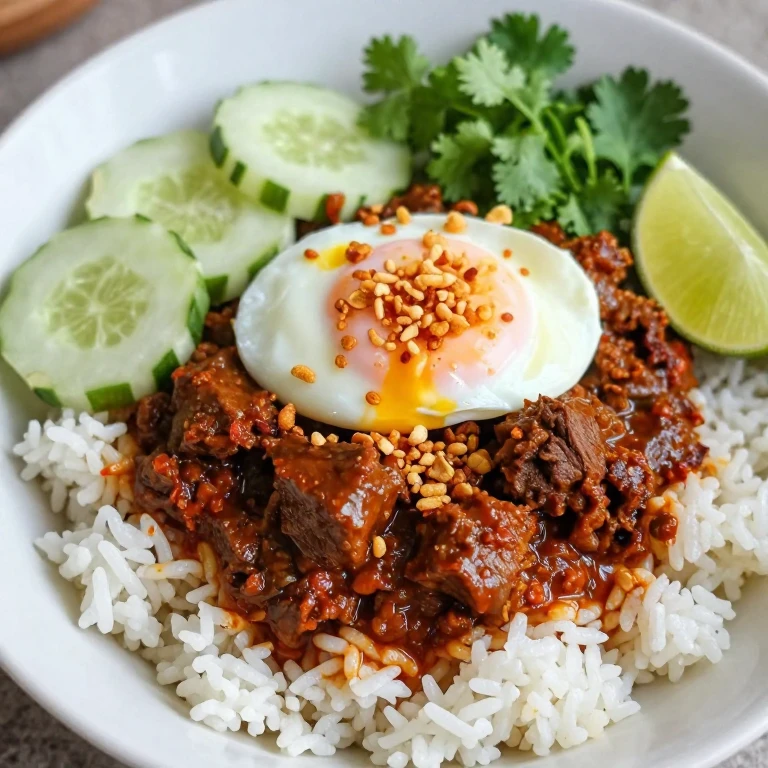 Beef rendang rice bowl with pickled vegetables, egg, and fried shallots