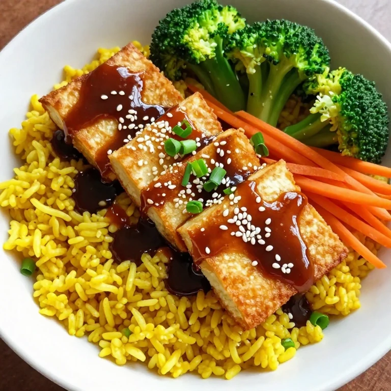 Kecap manis tempeh with turmeric rice, broccoli, carrot, and sesame seeds