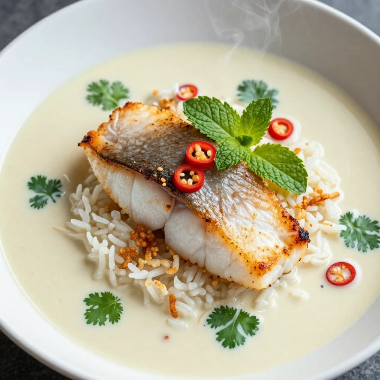 Pan-seared fish with coconut-lime broth, crispy rice, cilantro, and chili