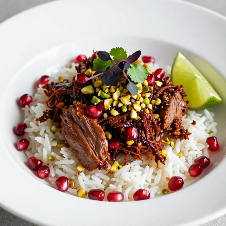 Rendang-spiced duck with pomegranate, pistachios, and microgreens