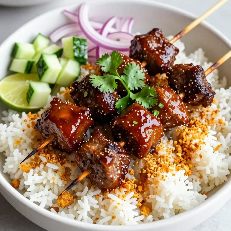 Satay-glazed beef skewers with crispy garlic rice and cucumber relish