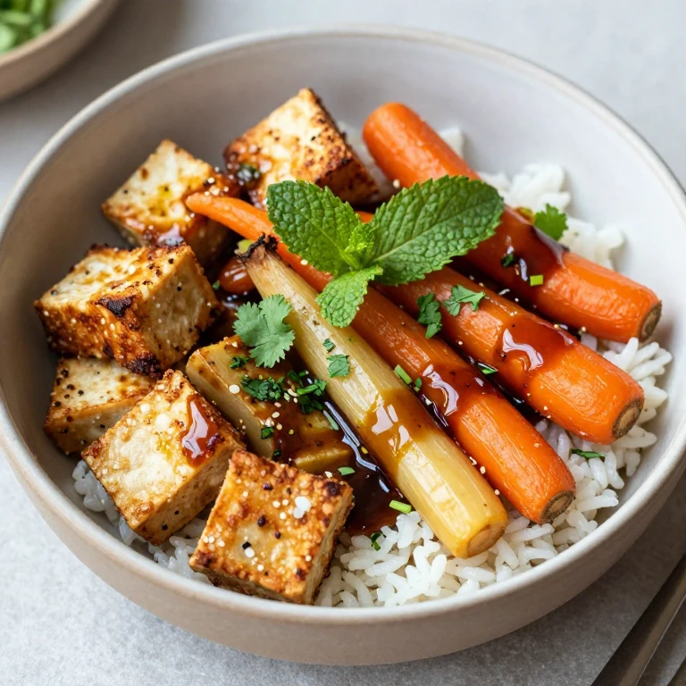 Tempeh kecap manis with roasted carrots, parsnips, and herb oil