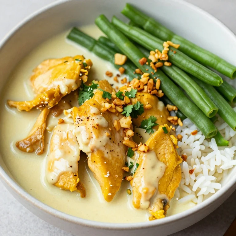 Turmeric coconut chicken with green beans and fried garlic