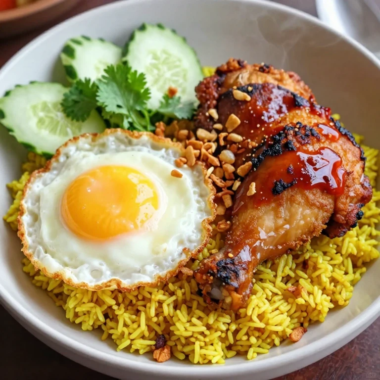 Ayam bakar rice bowl with crispy chicken, fried egg, turmeric rice, and lime sambal