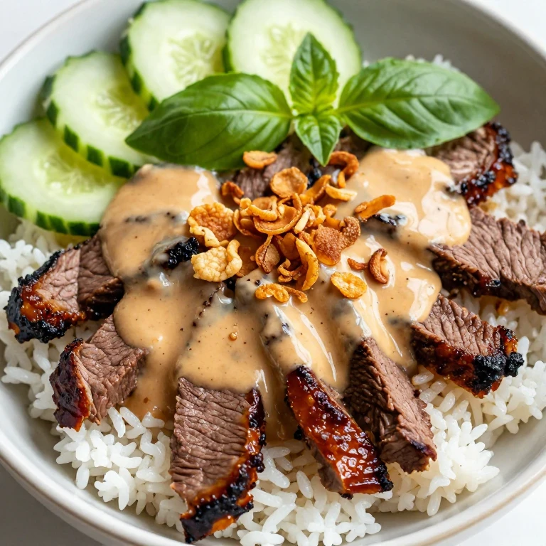 Beef sate rice bowl with charred beef, jasmine rice, peanut sauce, and crispy shallots