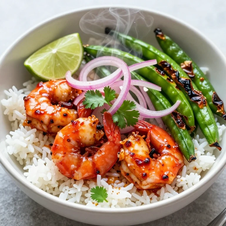 Shrimp sambal with charred snap peas and lime-pickled onions
