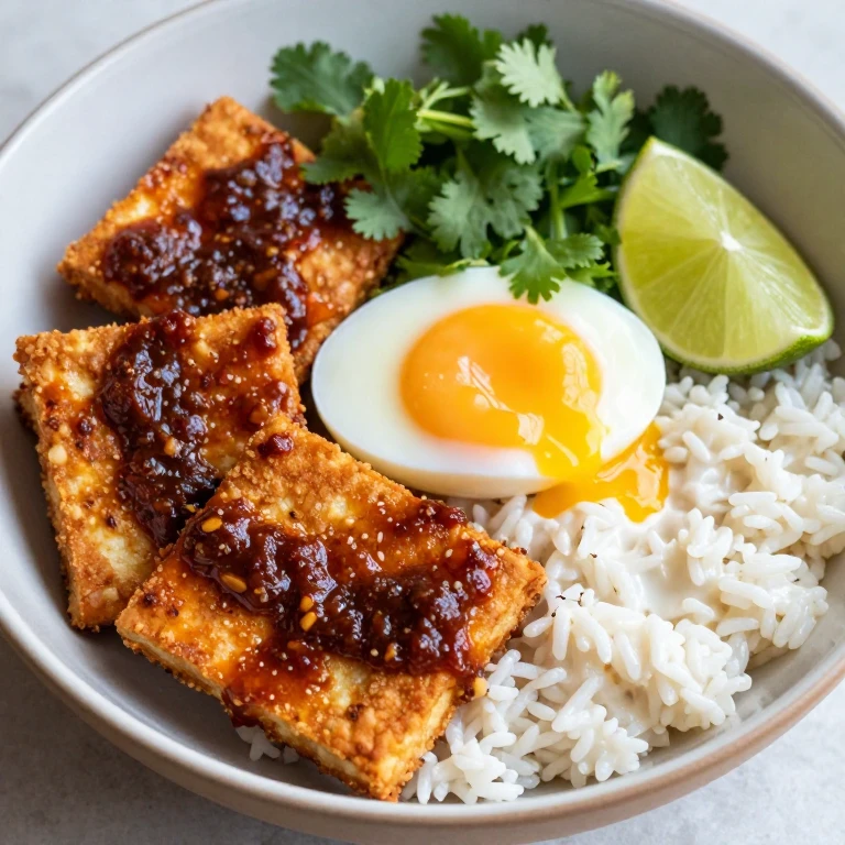 Tempeh balado rice bowl with crispy tempeh, coconut rice, soft egg, and lime