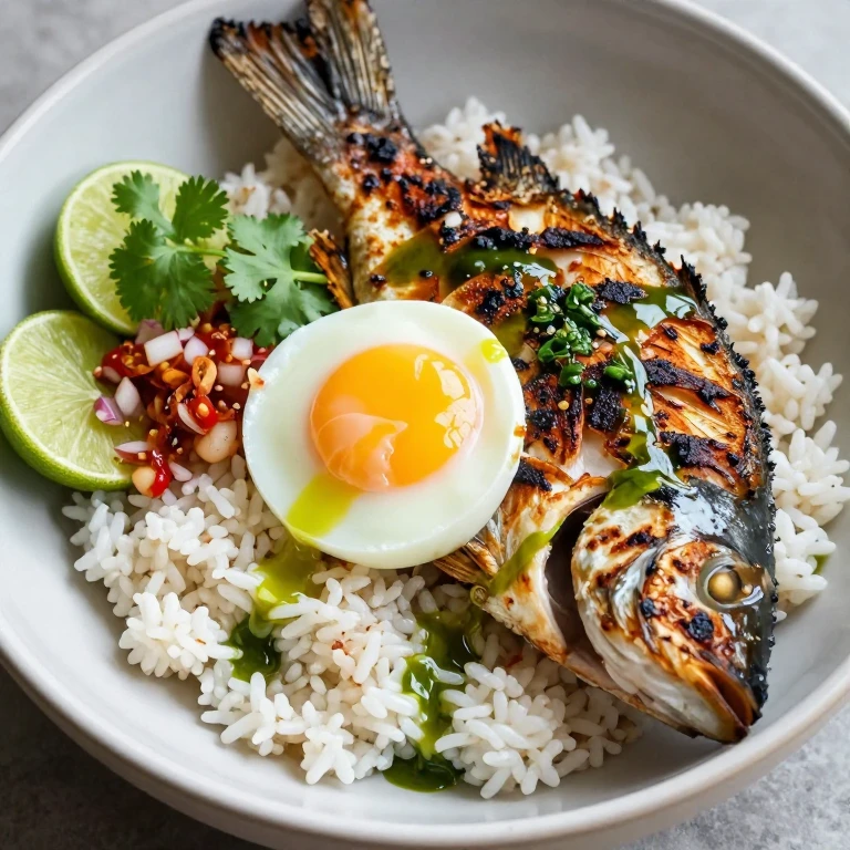 Ikan bakar rice bowl with charred fish, coconut rice, soft egg, and herb oil