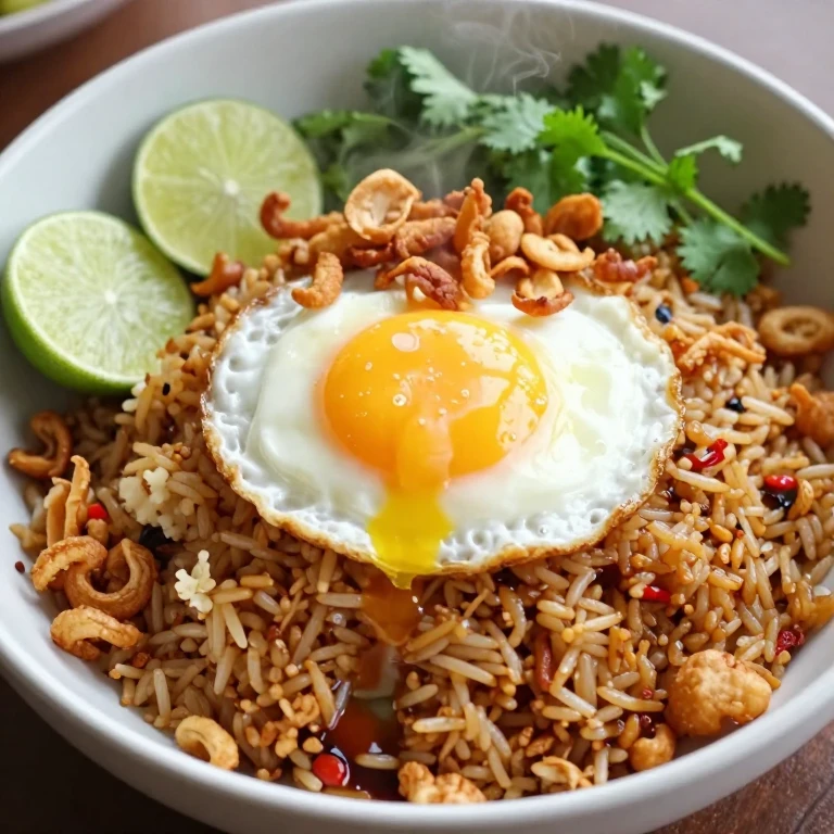Nasi goreng rice bowl with fried rice, runny egg, fried shallots, cilantro, and lime