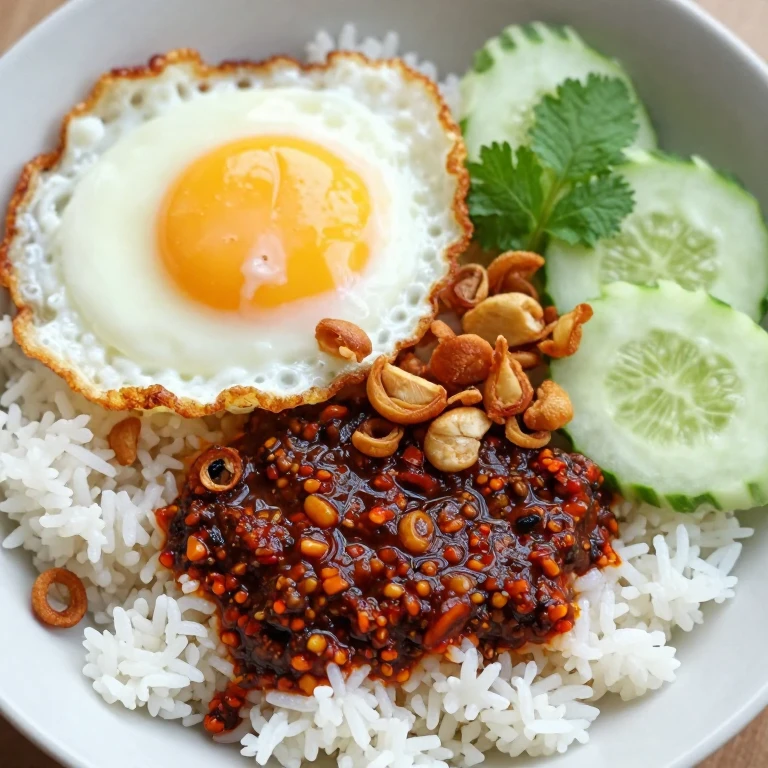 Shrimp paste sambal rice bowl with fried egg, fried shallots, cucumber, and sambal