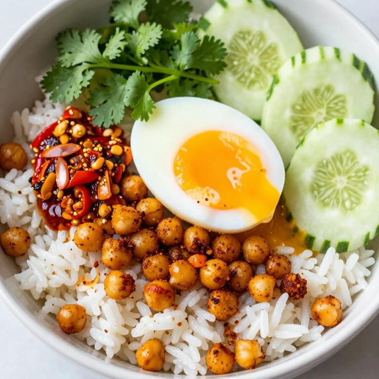 Coconut rice bowl with roasted chickpeas, sambal matah, soft egg, and cucumber