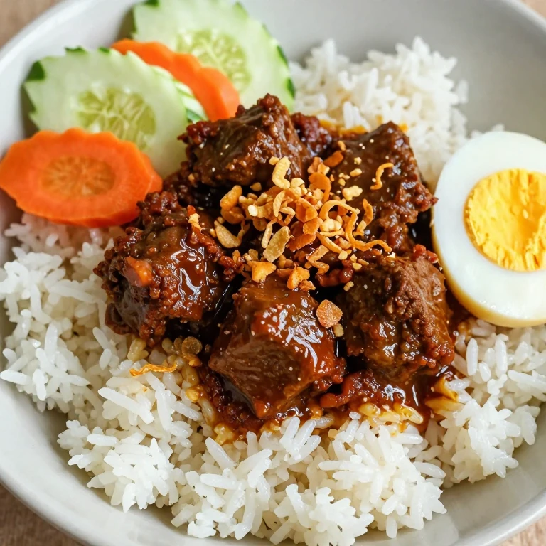Jasmine rice bowl with beef rendang, pickled vegetables, soft egg, and crispy shallots