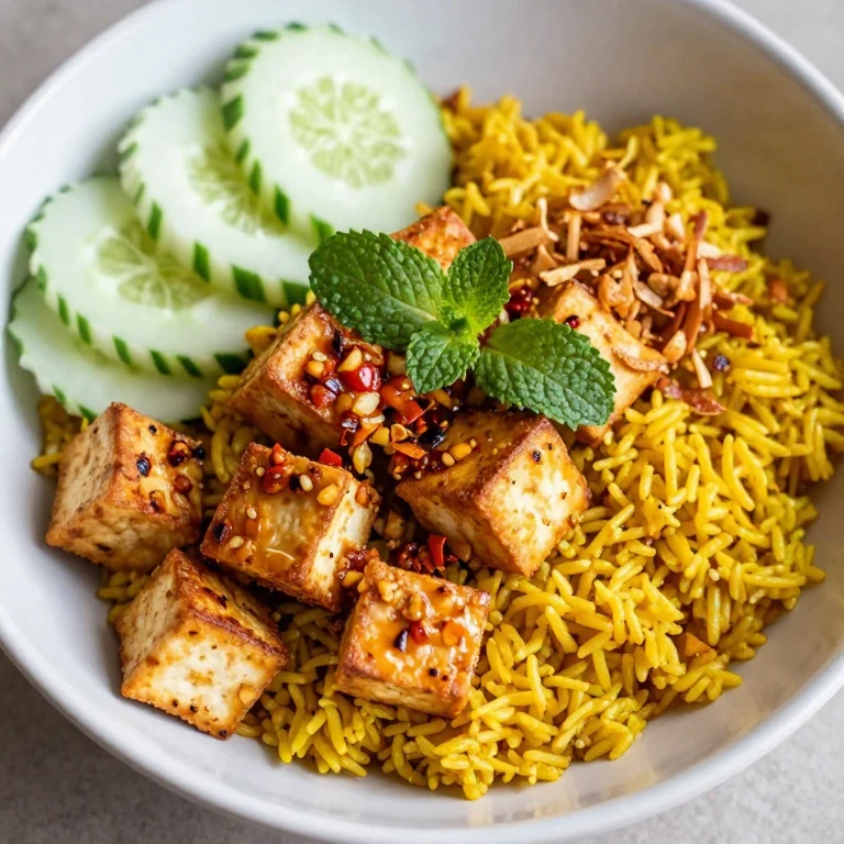 Turmeric rice bowl with pan-seared tofu, ginger sambal, cucumber, mint, and shallots